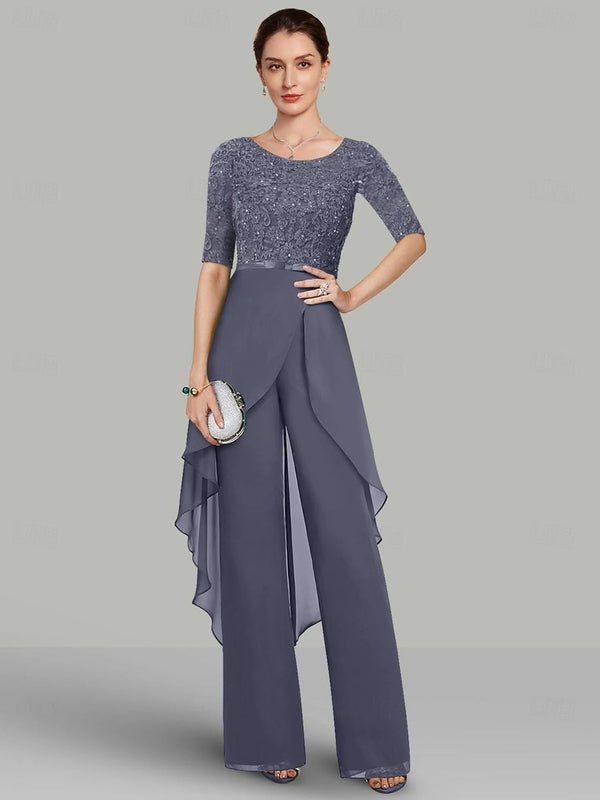 Chiffon Jewel Neck Half Sleeves Floor-Length Mother of the Bride Jumpsuits with Lace & Ruffles