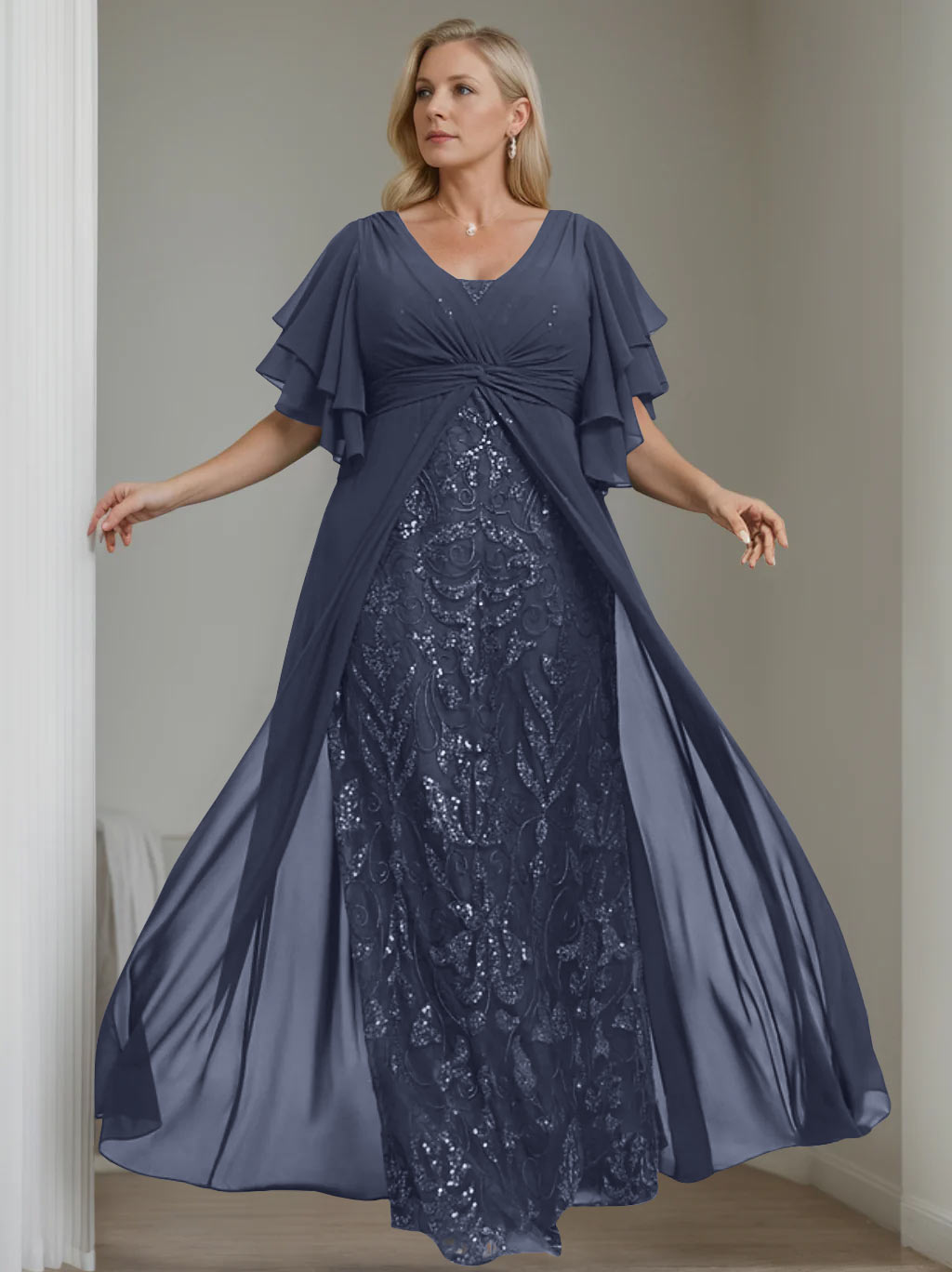 A-Line/Princess V-Neck Half Sleeves Floor-Length Plus Size Mother of the Bride Dresses with Pleated