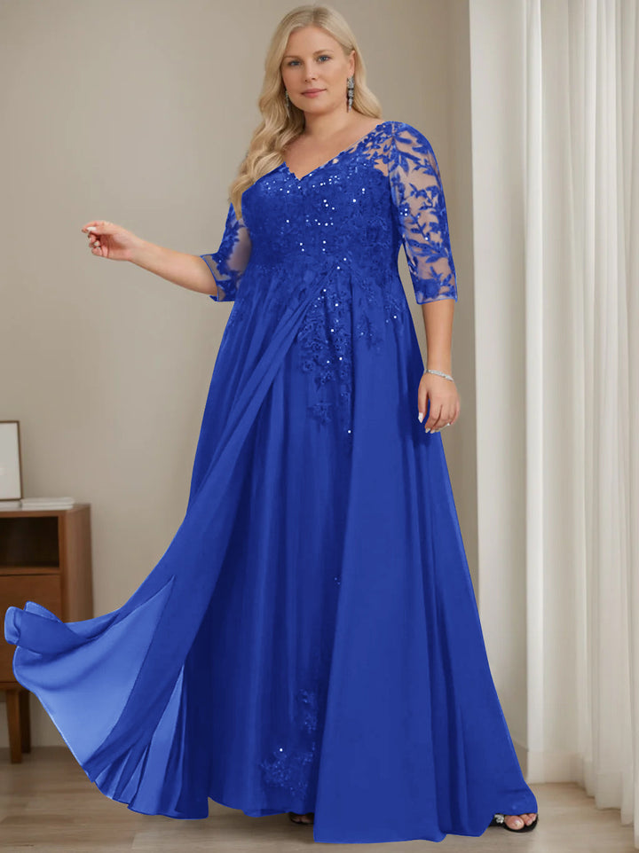 A-Line/Princess V-Neck Half Sleeves Floor-Length Plus Size Mother of the Bride Dresses with Sequins