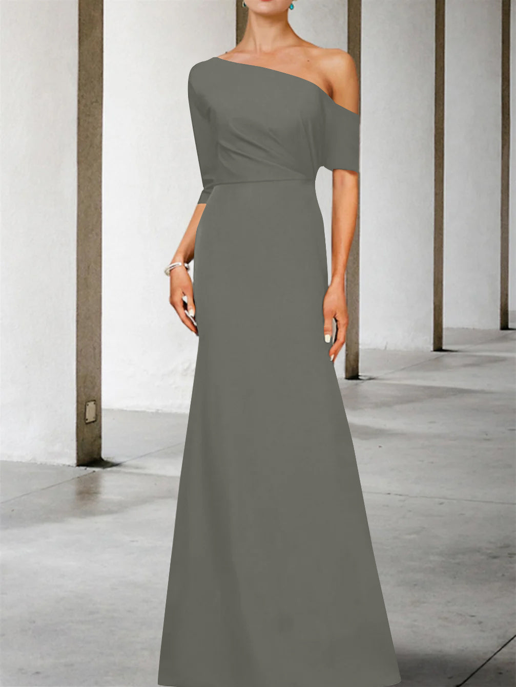 A-Line/Princess One-Shoulder 3/4 Length Sleeves Floor-Length Mother of the Bride Dresses