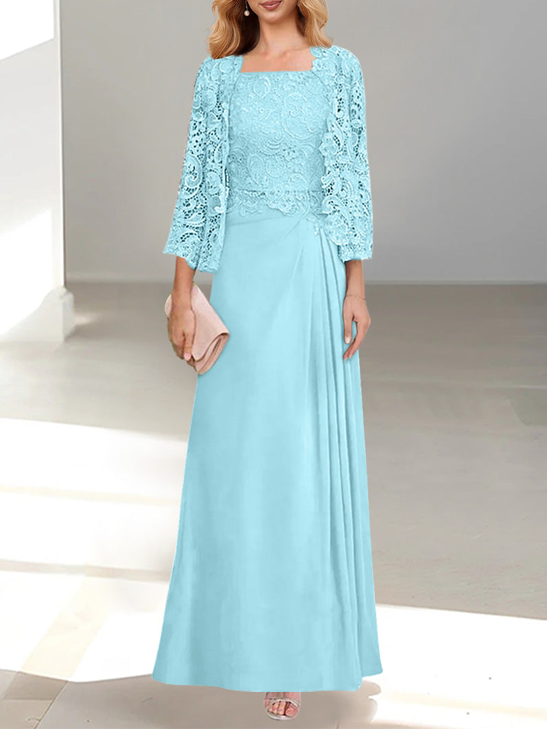 2 Pieces A-Line/Princess Scoop Floor-Length Mother of the Bride Dresses with Pleated & Lace Appliques