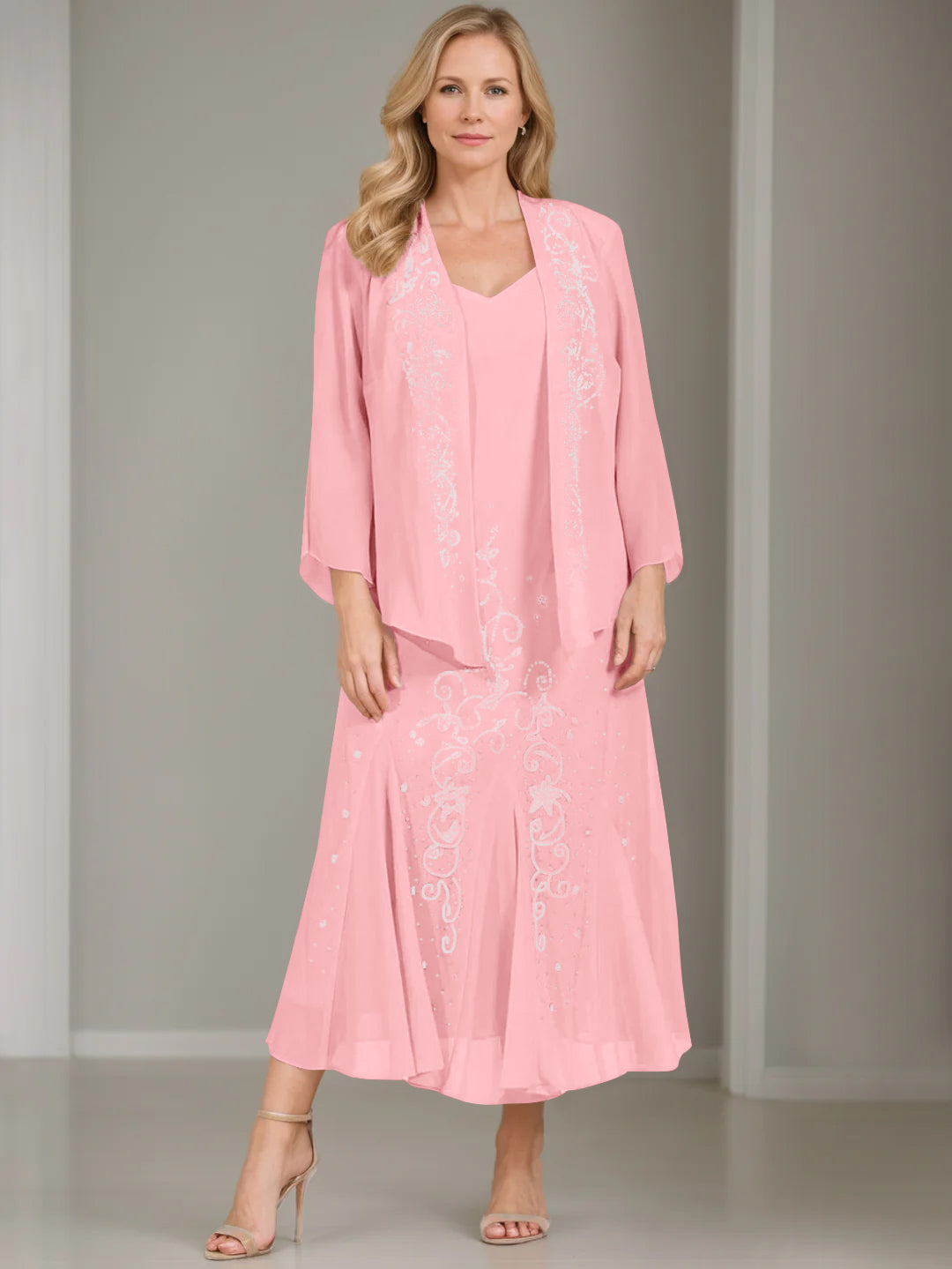 A-Line/Princess 2 Pieces V-Neck Tea-Length Plus Size Mother of the Bride Dresses with Jacket & Sequins