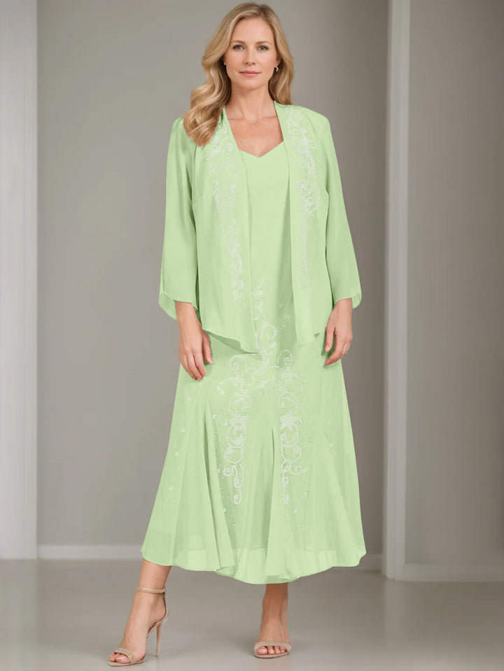 A-Line/Princess 2 Pieces V-Neck Tea-Length Plus Size Mother of the Bride Dresses with Jacket & Sequins