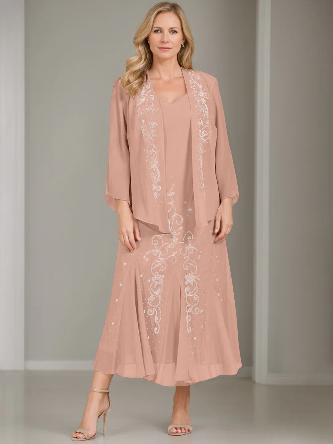 A-Line/Princess 2 Pieces V-Neck Tea-Length Plus Size Mother of the Bride Dresses with Jacket & Sequins