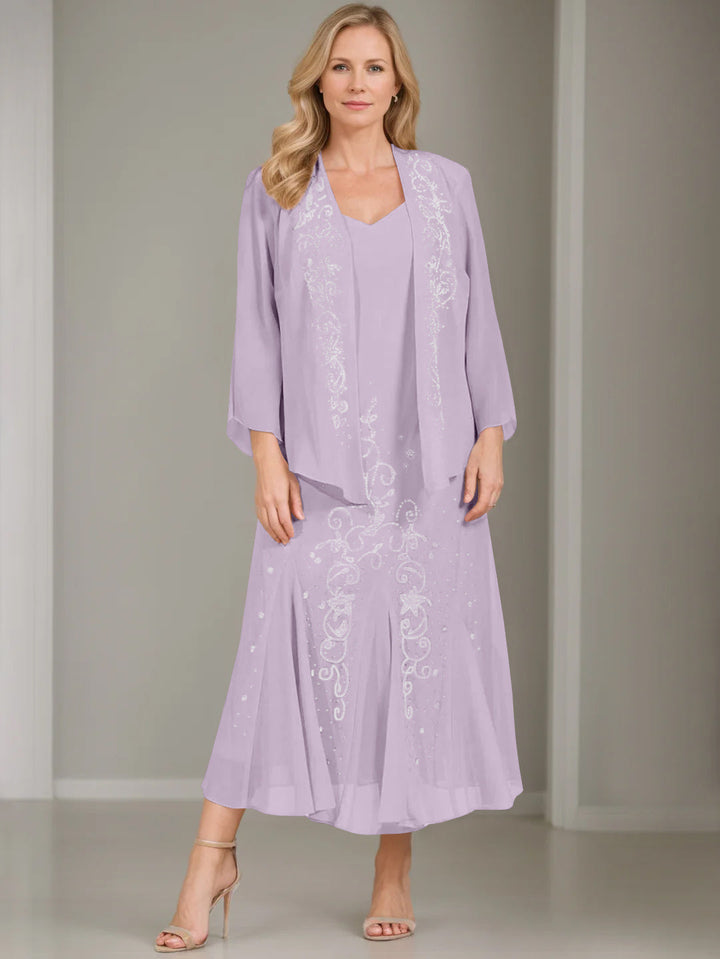 A-Line/Princess 2 Pieces V-Neck Tea-Length Plus Size Mother of the Bride Dresses with Jacket & Sequins