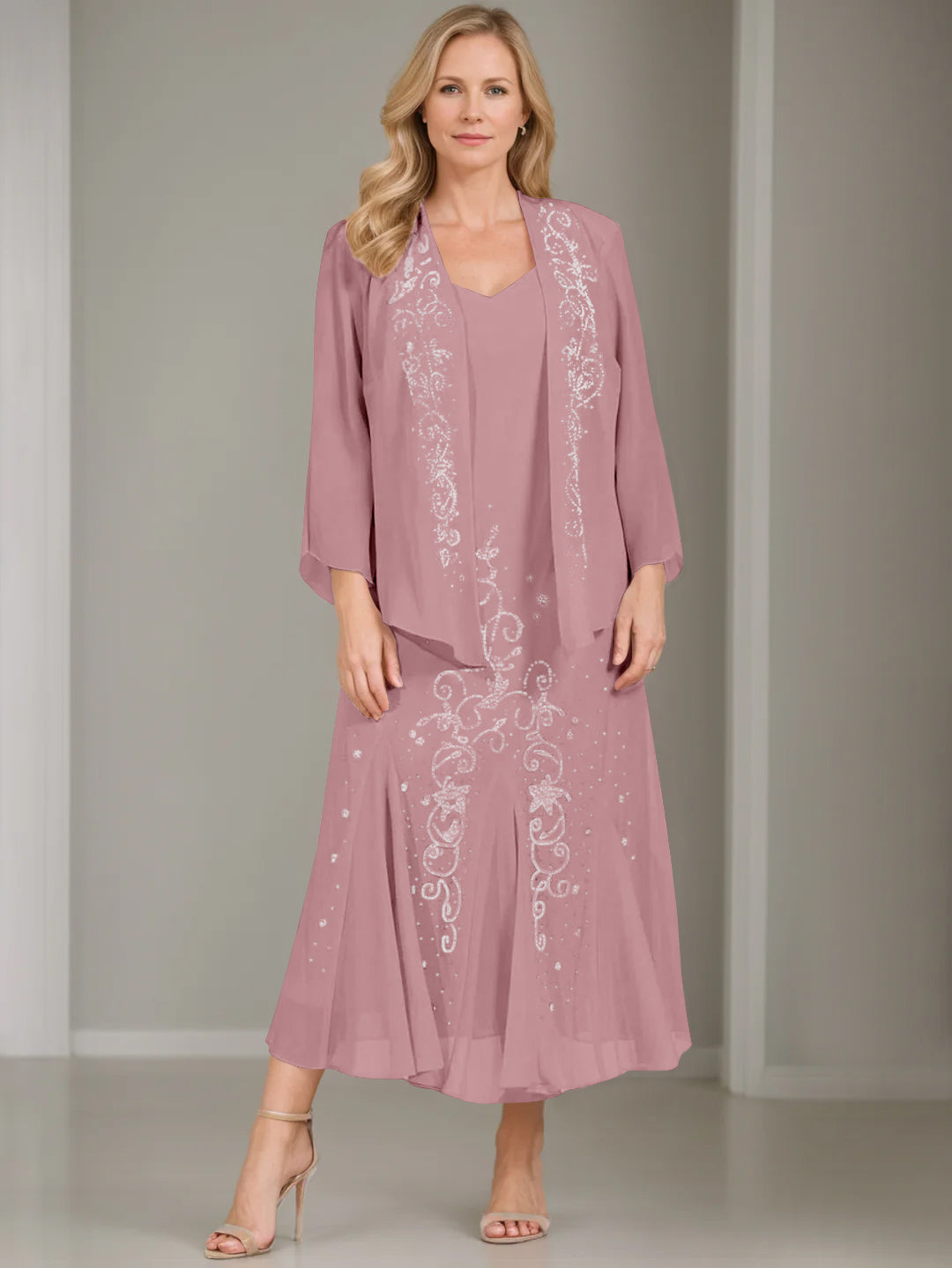 A-Line/Princess 2 Pieces V-Neck Tea-Length Plus Size Mother of the Bride Dresses with Jacket & Sequins