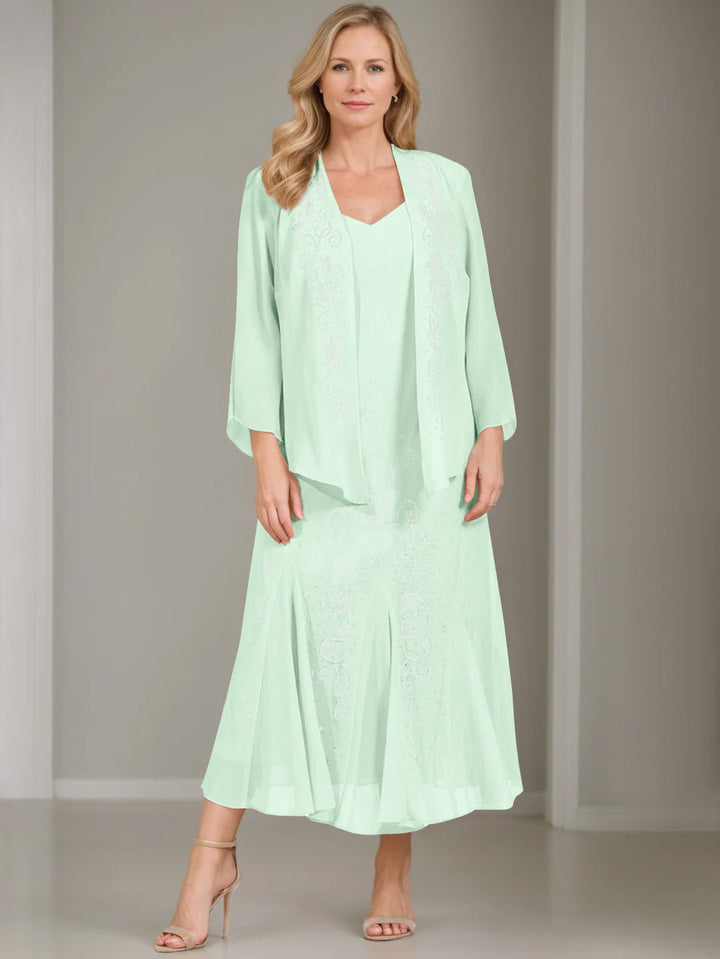 A-Line/Princess 2 Pieces V-Neck Tea-Length Plus Size Mother of the Bride Dresses with Jacket & Sequins