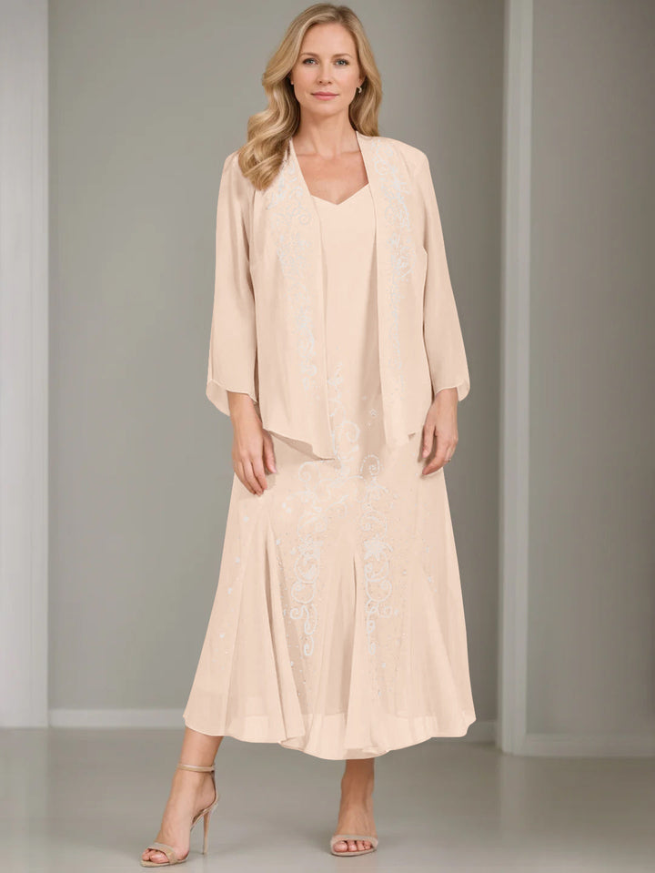 A-Line/Princess 2 Pieces V-Neck Tea-Length Plus Size Mother of the Bride Dresses with Jacket & Sequins