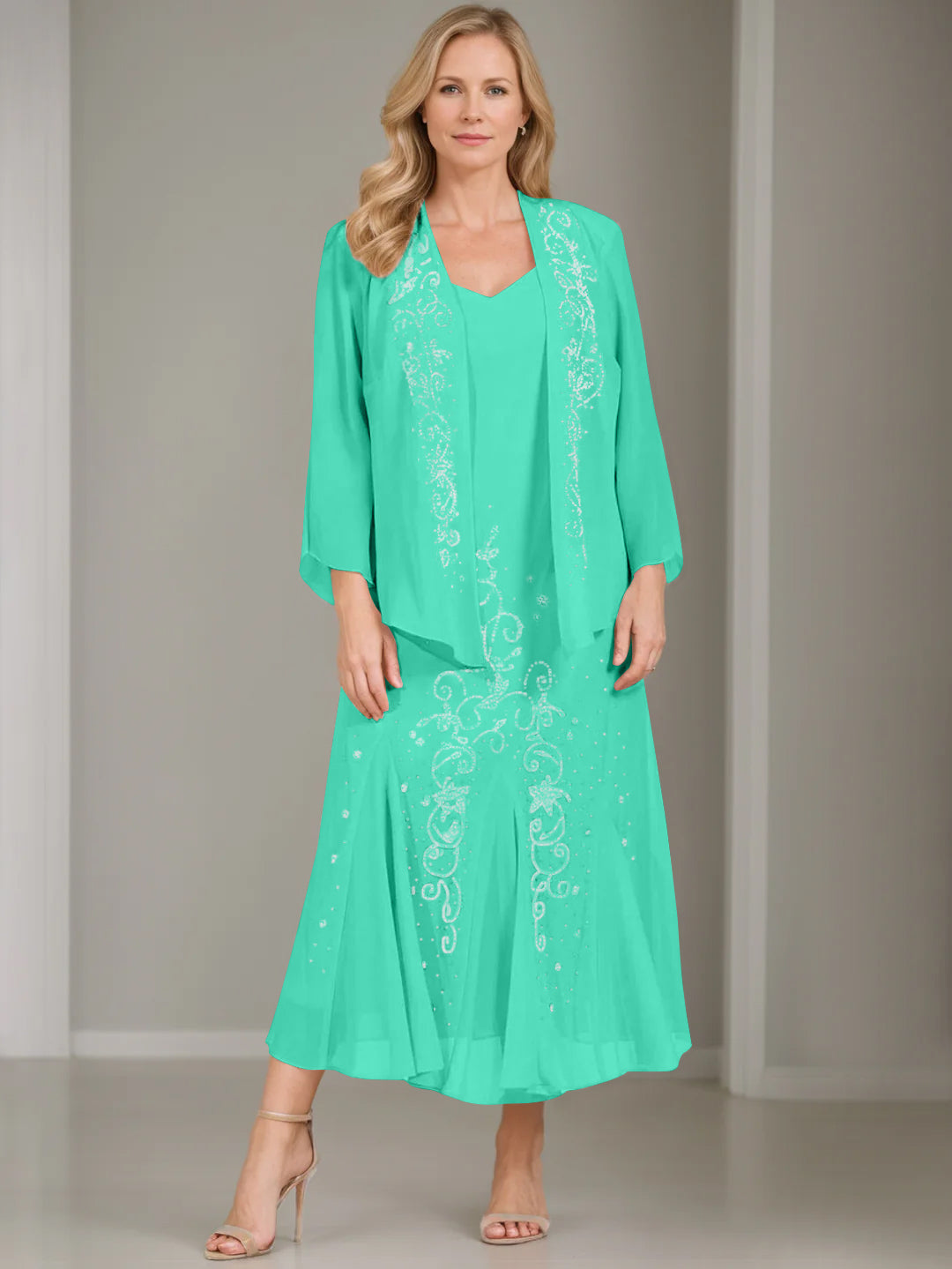 A-Line/Princess 2 Pieces V-Neck Tea-Length Plus Size Mother of the Bride Dresses with Jacket & Sequins
