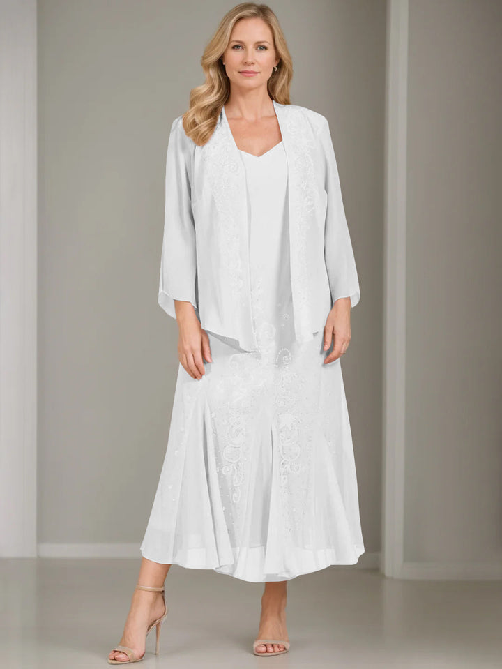 A-Line/Princess 2 Pieces V-Neck Tea-Length Plus Size Mother of the Bride Dresses with Jacket & Sequins