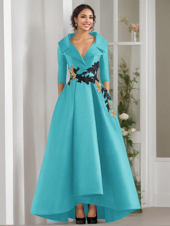 A-Line/Princess V-Neck 3/4 Sleeves Floor Length Mother of the Bride Dresses With Appliques & Beading