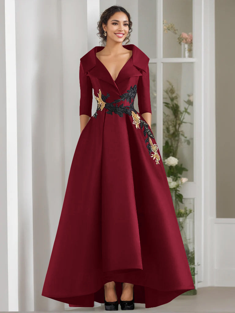 A-Line/Princess V-Neck 3/4 Sleeves Floor Length Mother of the Bride Dresses With Appliques & Beading