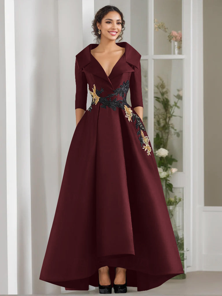 A-Line/Princess V-Neck 3/4 Sleeves Floor Length Mother of the Bride Dresses With Appliques & Beading