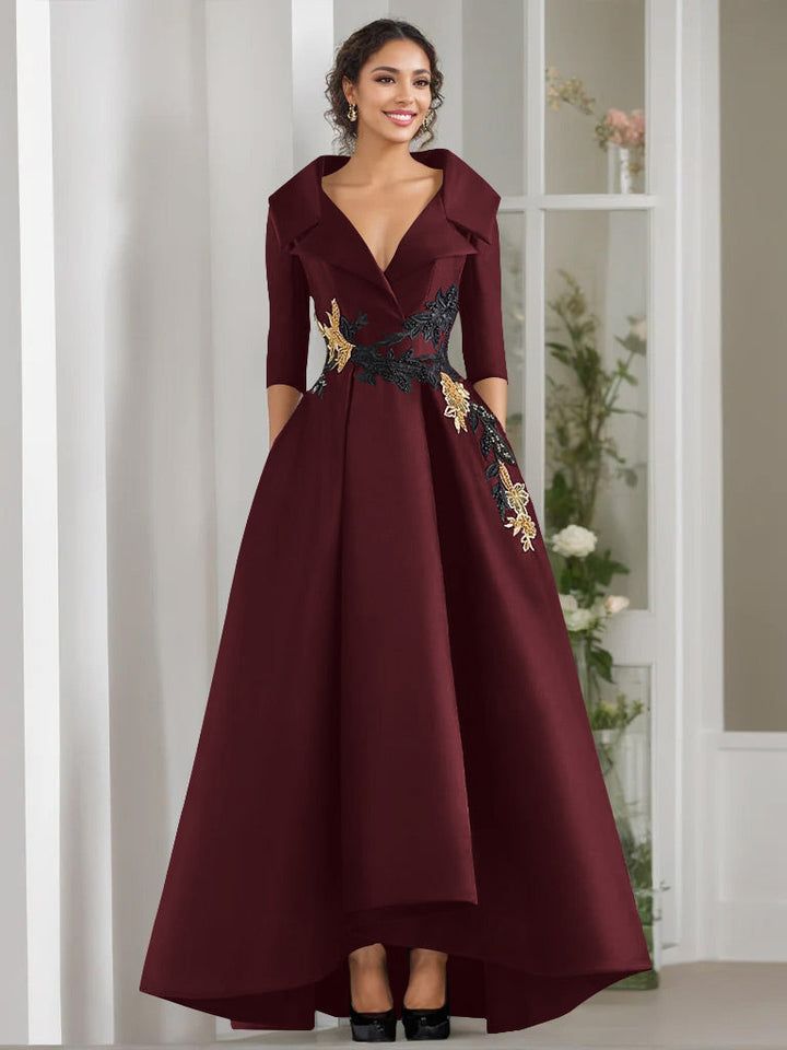 A-Line/Princess V-Neck 3/4 Sleeves Floor Length Mother of the Bride Dresses With Appliques & Beading