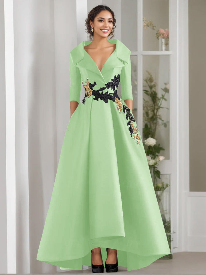 A-Line/Princess V-Neck 3/4 Sleeves Floor Length Mother of the Bride Dresses With Appliques & Beading