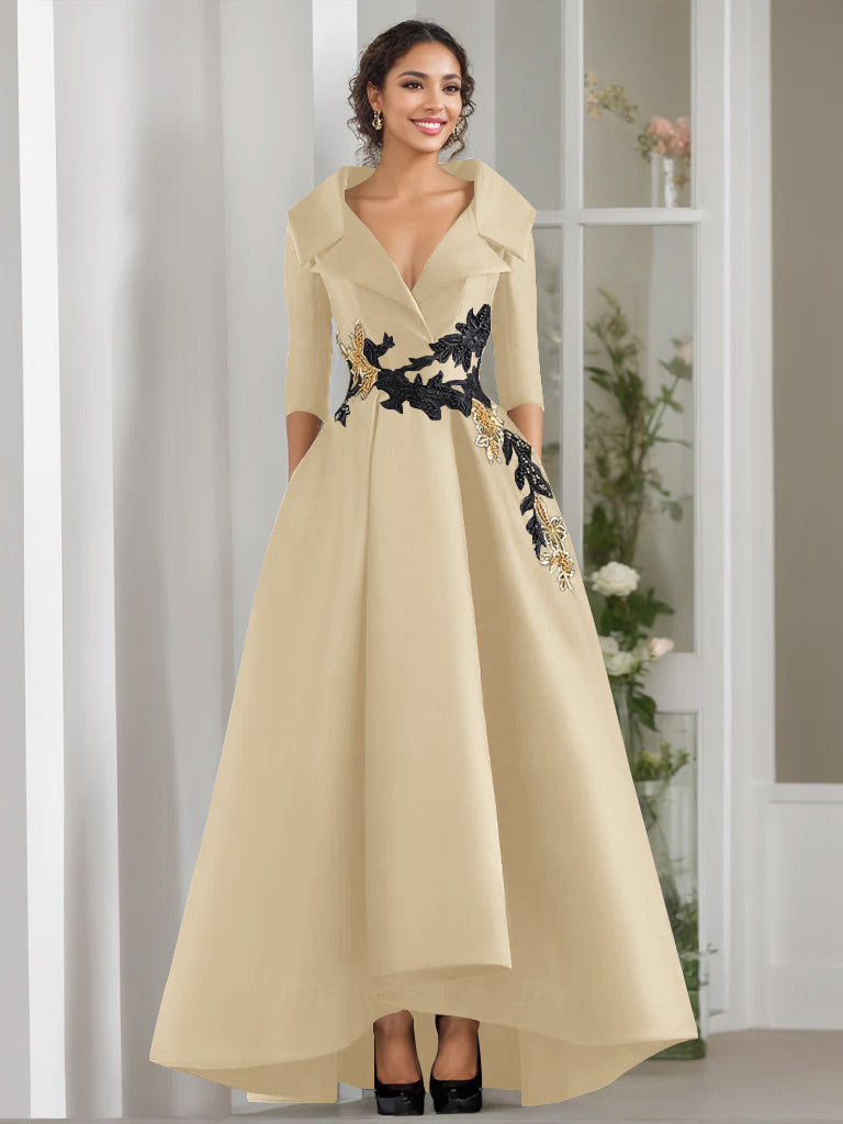 A-Line/Princess V-Neck 3/4 Sleeves Floor Length Mother of the Bride Dresses With Appliques & Beading