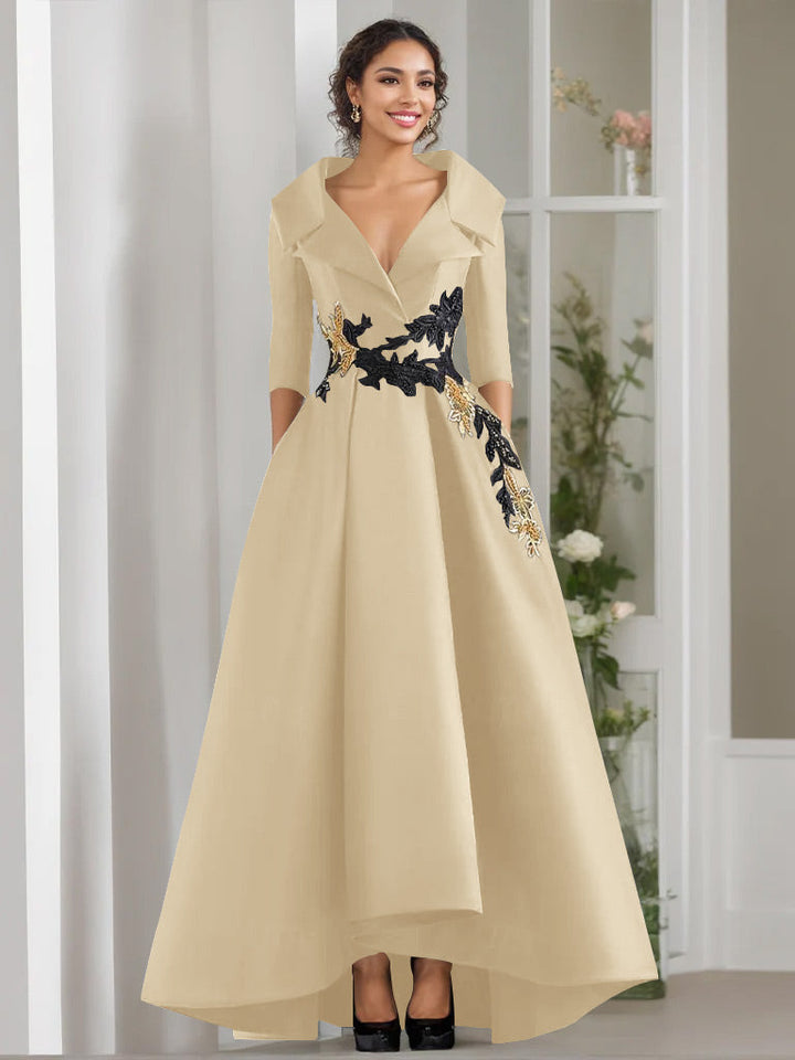 A-Line/Princess V-Neck 3/4 Sleeves Floor Length Mother of the Bride Dresses With Appliques & Beading