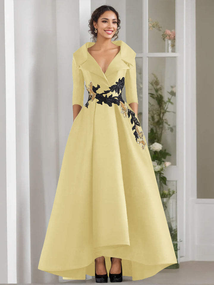 A-Line/Princess V-Neck 3/4 Sleeves Floor Length Mother of the Bride Dresses With Appliques & Beading
