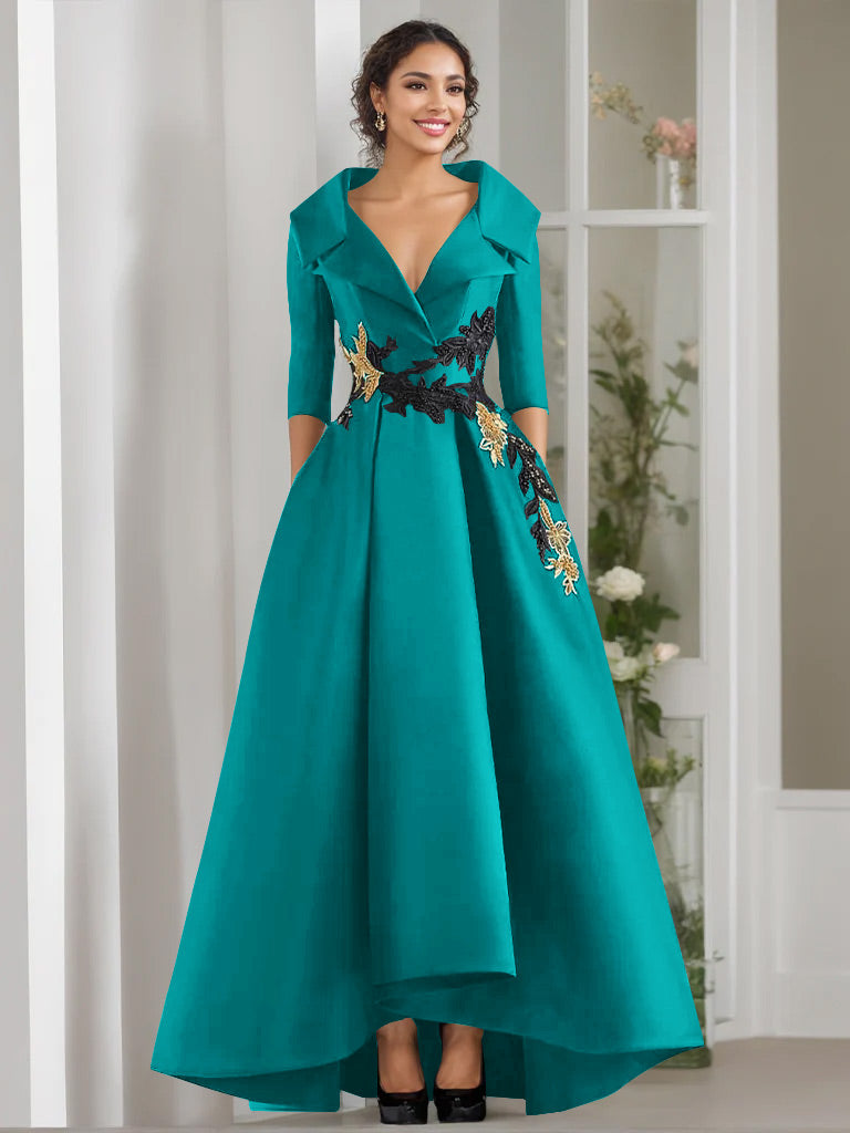A-Line/Princess V-Neck 3/4 Sleeves Floor Length Mother of the Bride Dresses With Appliques & Beading