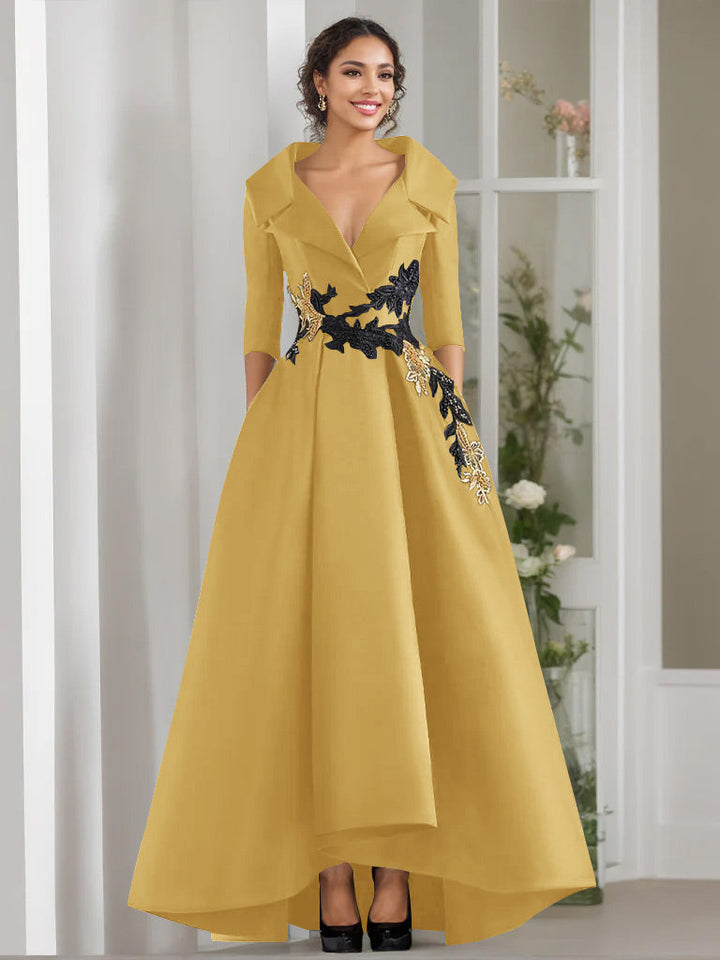 A-Line/Princess V-Neck 3/4 Sleeves Floor Length Mother of the Bride Dresses With Appliques & Beading