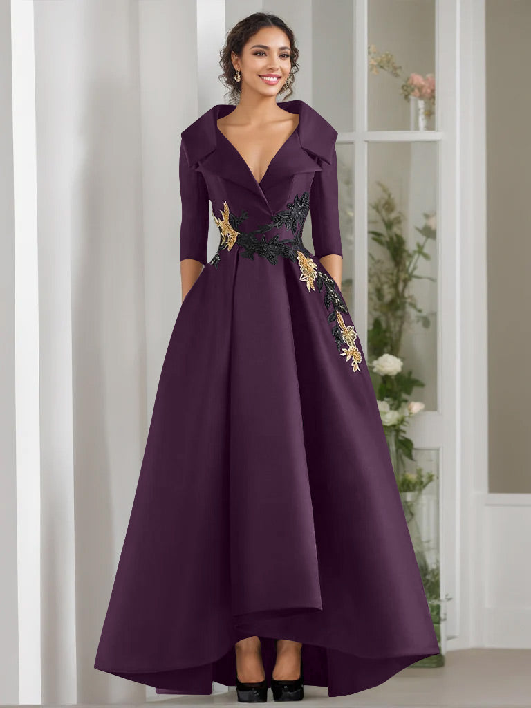 A-Line/Princess V-Neck 3/4 Sleeves Floor Length Mother of the Bride Dresses With Appliques & Beading
