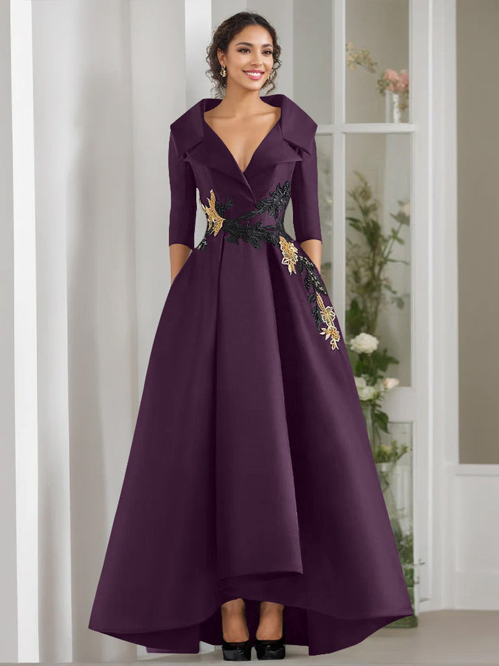 A-Line/Princess V-Neck 3/4 Sleeves Floor Length Mother of the Bride Dresses With Appliques & Beading