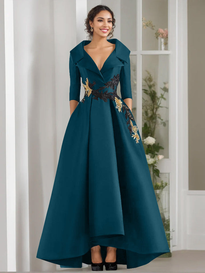 A-Line/Princess V-Neck 3/4 Sleeves Floor Length Mother of the Bride Dresses With Appliques & Beading