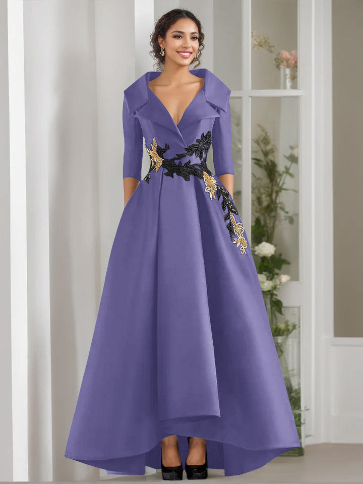 A-Line/Princess V-Neck 3/4 Sleeves Floor Length Mother of the Bride Dresses With Appliques & Beading