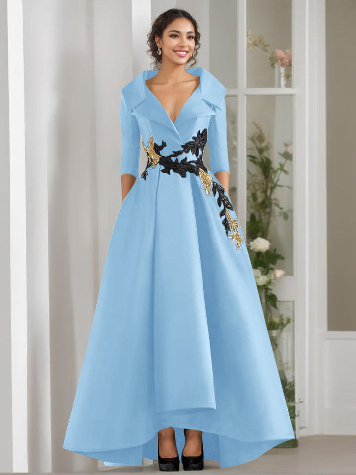 A-Line/Princess V-Neck 3/4 Sleeves Floor Length Mother of the Bride Dresses With Appliques & Beading