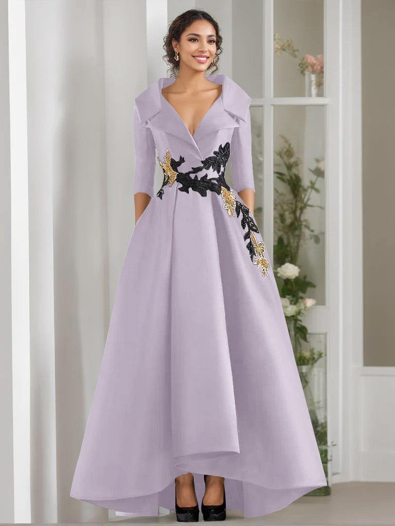 A-Line/Princess V-Neck 3/4 Sleeves Floor Length Mother of the Bride Dresses With Appliques & Beading