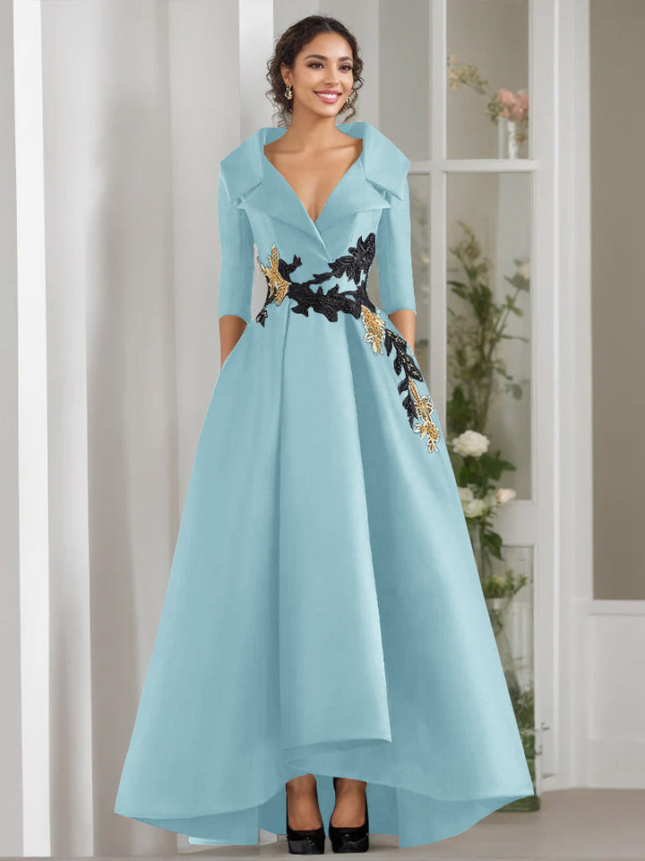 A-Line/Princess V-Neck 3/4 Sleeves Floor Length Mother of the Bride Dresses With Appliques & Beading
