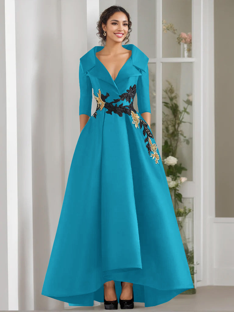 A-Line/Princess V-Neck 3/4 Sleeves Floor Length Mother of the Bride Dresses With Appliques & Beading