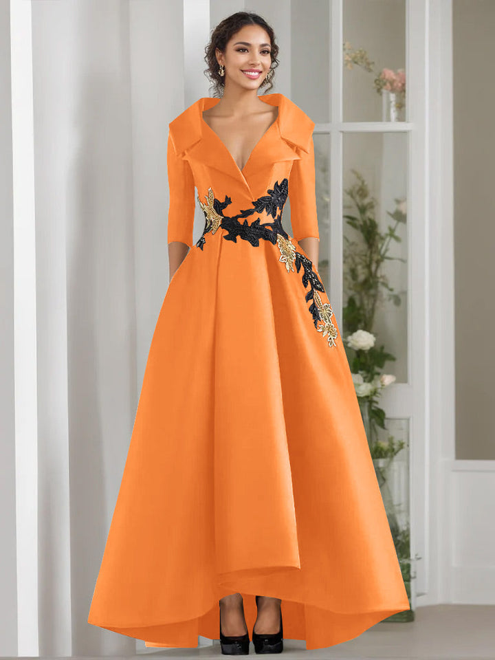 A-Line/Princess V-Neck 3/4 Sleeves Floor Length Mother of the Bride Dresses With Appliques & Beading