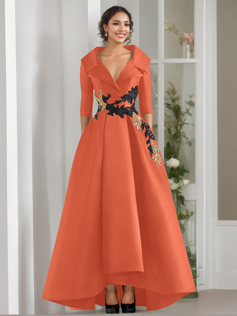 A-Line/Princess V-Neck 3/4 Sleeves Floor Length Mother of the Bride Dresses With Appliques & Beading
