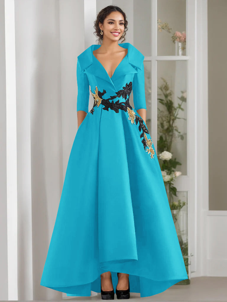 A-Line/Princess V-Neck 3/4 Sleeves Floor Length Mother of the Bride Dresses With Appliques & Beading