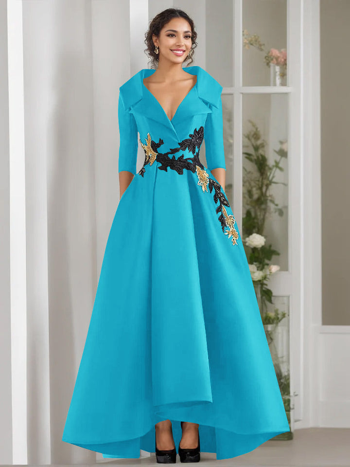 A-Line/Princess V-Neck 3/4 Sleeves Floor Length Mother of the Bride Dresses With Appliques & Beading