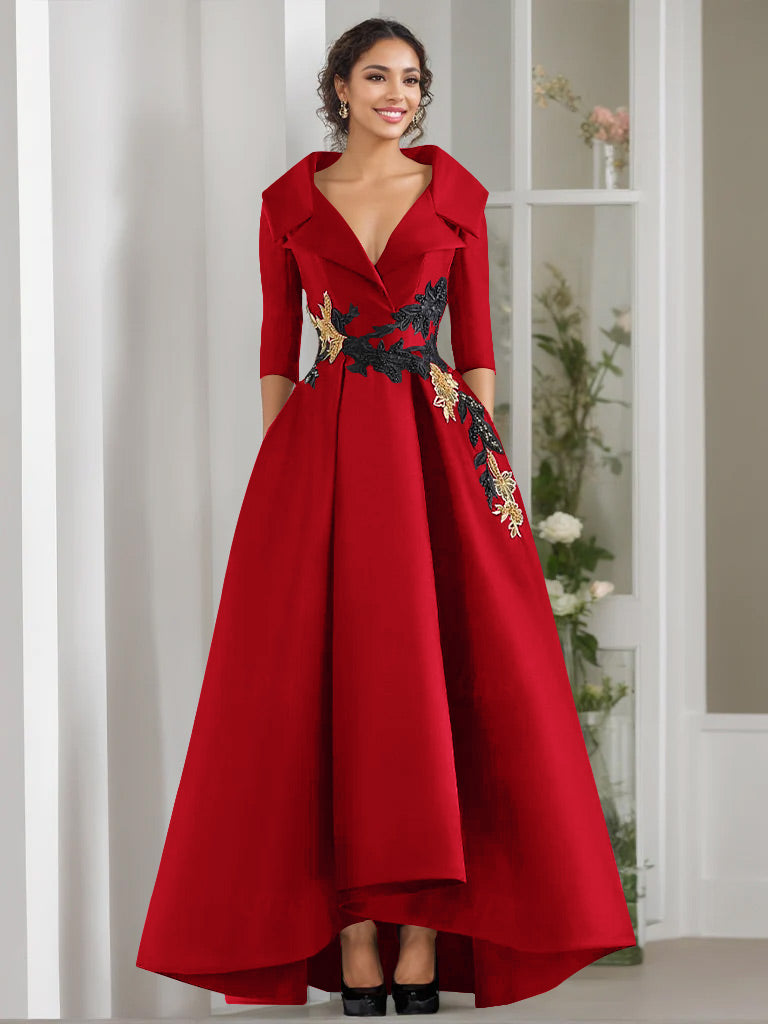 A-Line/Princess V-Neck 3/4 Sleeves Floor Length Mother of the Bride Dresses With Appliques & Beading