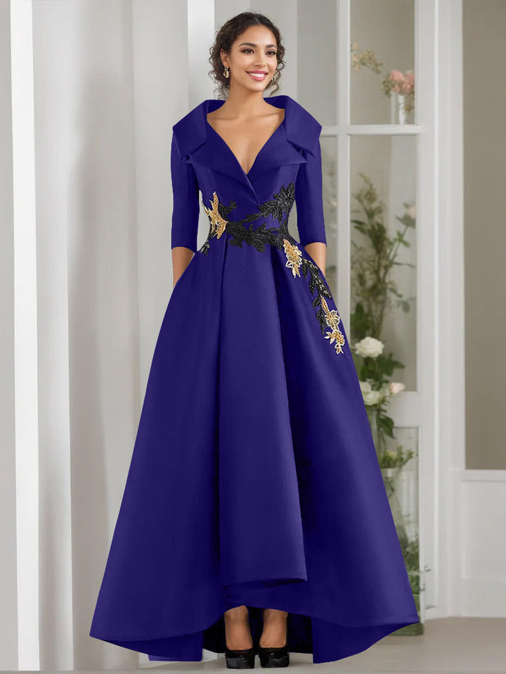 A-Line/Princess V-Neck 3/4 Sleeves Floor Length Mother of the Bride Dresses With Appliques & Beading