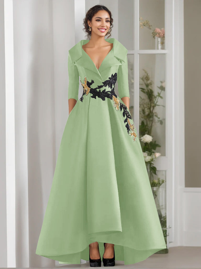 A-Line/Princess V-Neck 3/4 Sleeves Floor Length Mother of the Bride Dresses With Appliques & Beading