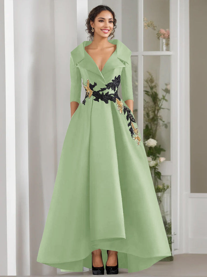 A-Line/Princess V-Neck 3/4 Sleeves Floor Length Mother of the Bride Dresses With Appliques & Beading