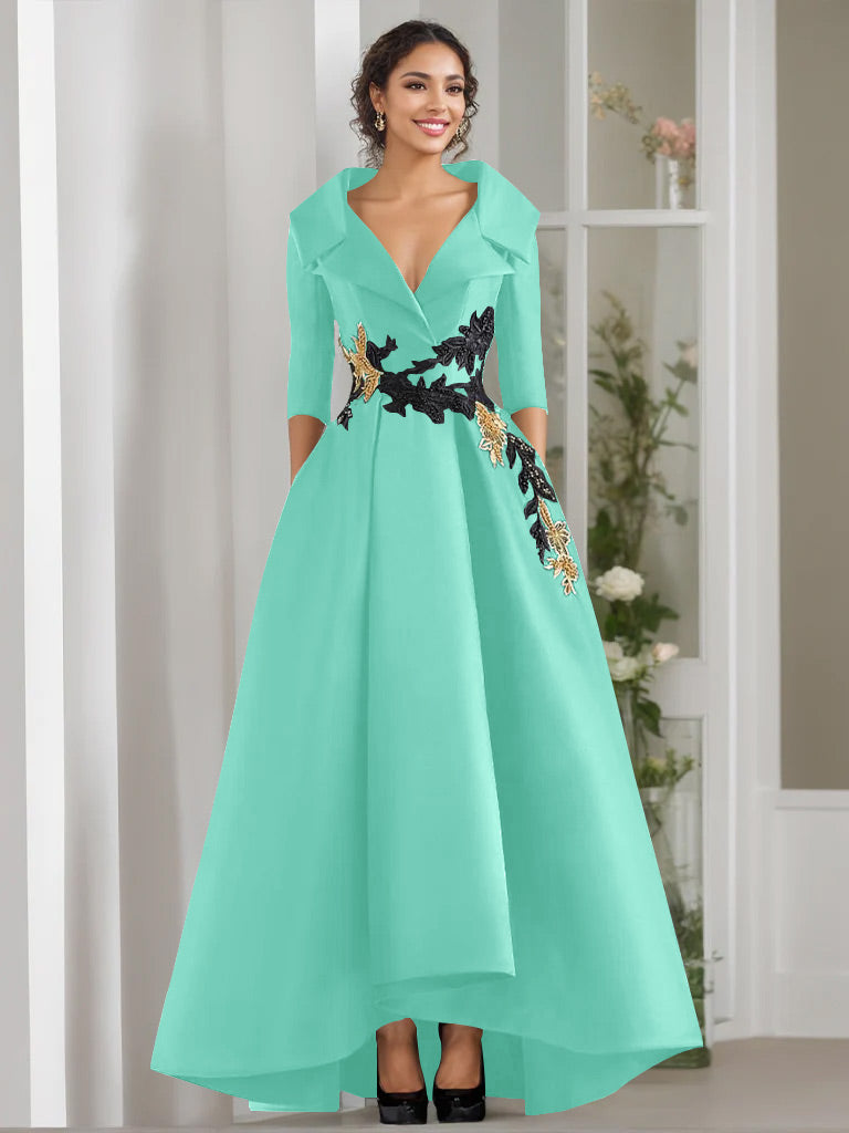 A-Line/Princess V-Neck 3/4 Sleeves Floor Length Mother of the Bride Dresses With Appliques & Beading