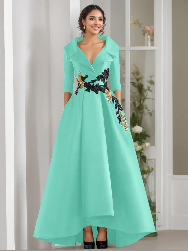 A-Line/Princess V-Neck 3/4 Sleeves Floor Length Mother of the Bride Dresses With Appliques & Beading