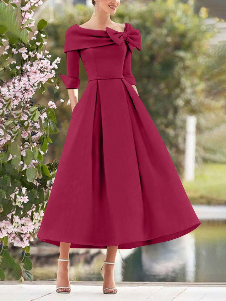 A-Line/Princess Cowl Neck Bow(s) 3/4 Sleeves Tea Length Elegant Mother of the Bride  & Groom Dresses