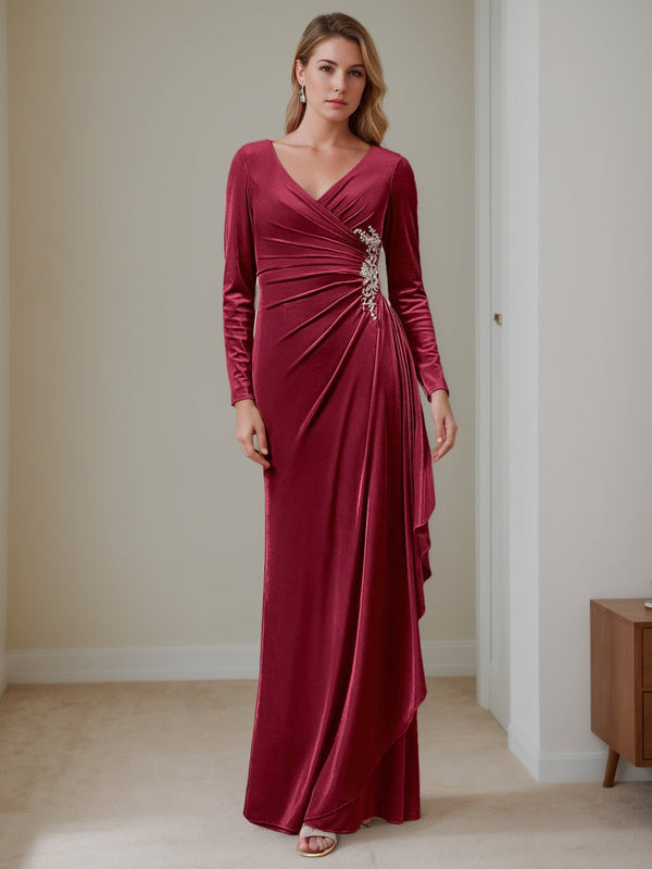 A-Line/Princess V-Neck Long Sleeves Floor-Length Velvet Mother of the Bride Dresses with Ruffles