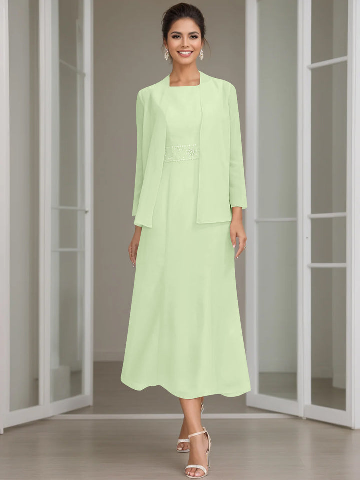 Sheath/Column Jewel Neck Tea Length Mother of the Bride Dresses with Jacket & Beading