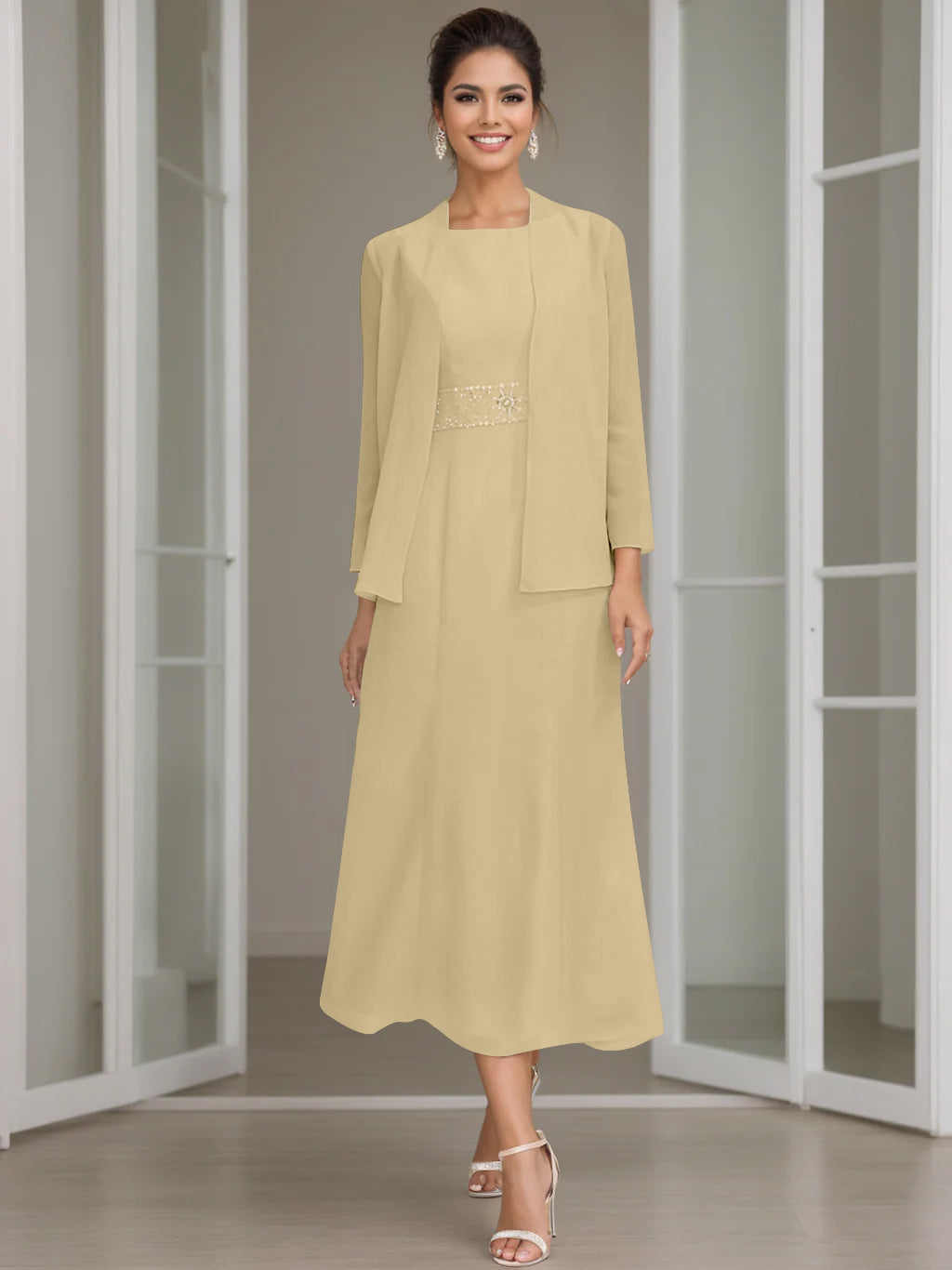 Sheath/Column Jewel Neck Tea Length Mother of the Bride Dresses with Jacket & Beading