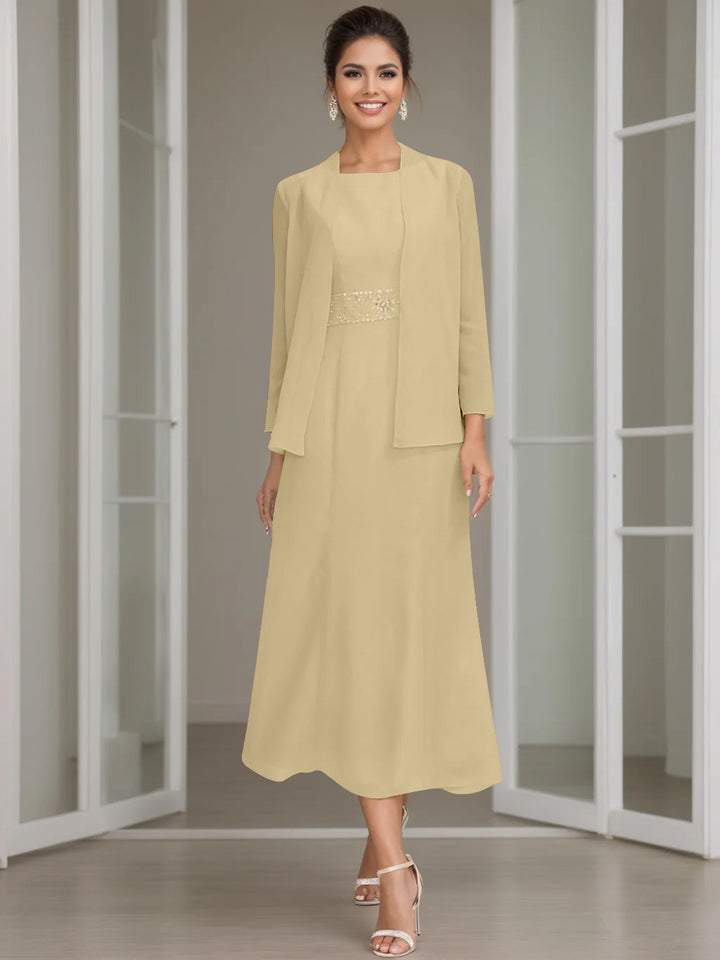 Sheath/Column Jewel Neck Tea Length Mother of the Bride Dresses with Jacket & Beading