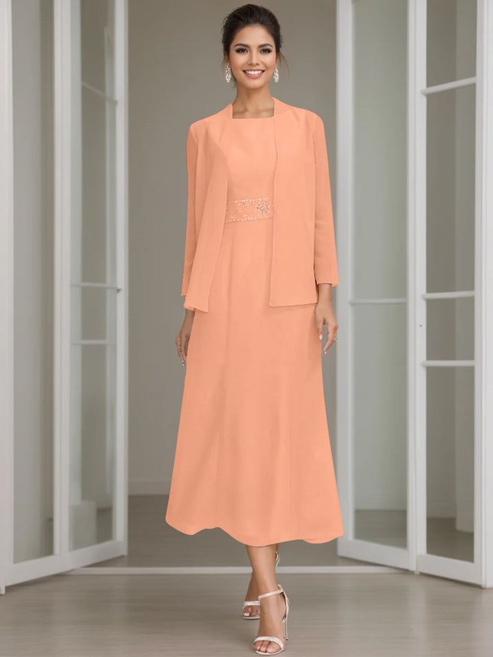 Sheath/Column Jewel Neck Tea Length Mother of the Bride Dresses with Jacket & Beading
