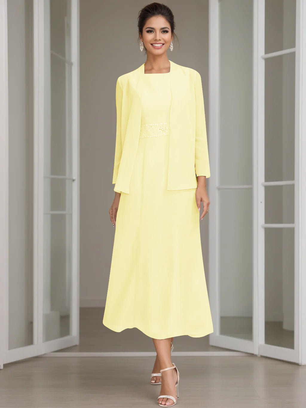 Sheath/Column Jewel Neck Tea Length Mother of the Bride Dresses with Jacket & Beading