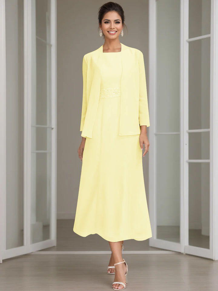 Sheath/Column Jewel Neck Tea Length Mother of the Bride Dresses with Jacket & Beading